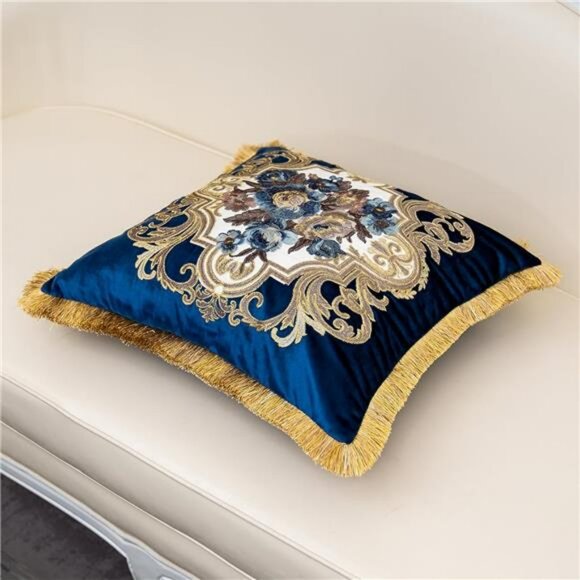 Navy Blue Velvet Floral Throw Pillow Cover 18x18 Embroidered Decorative Cushion - Picture 3 of 8